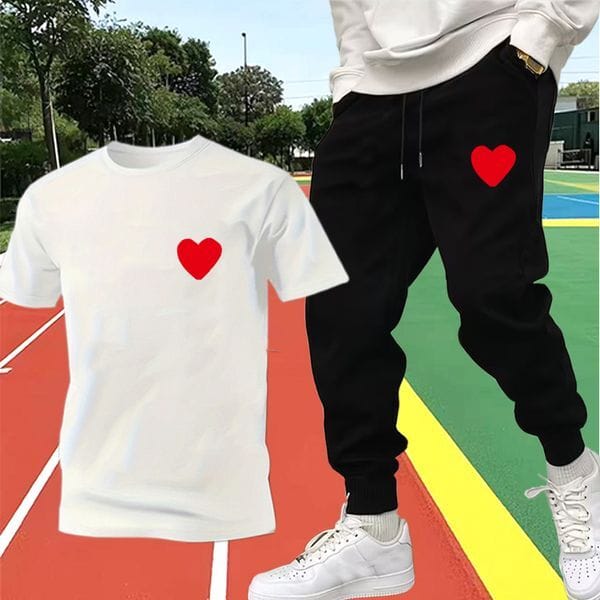 Color: White - Size: XL - Adult: yes - Men's Tracksuits Casual Set for Men Student Youth Summer Sports Long Pants Two Piece Mens Thin Trendy Short Sleeve Tshirt Foreign Trade