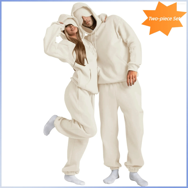 Color: Wine - Size: S - Men's Tracksuits Fashion And Women's Travel Hooded Sweatshirt With Eye Mask Solid Color Long Sleeved Loose Hoodie Pants Sports Suit