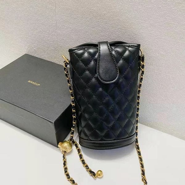 Color: Black - Diamond plaid bucket chain mini crossbody Women's Single shoulder makeup Mobile phone bag Gift Box Packing VIP gift