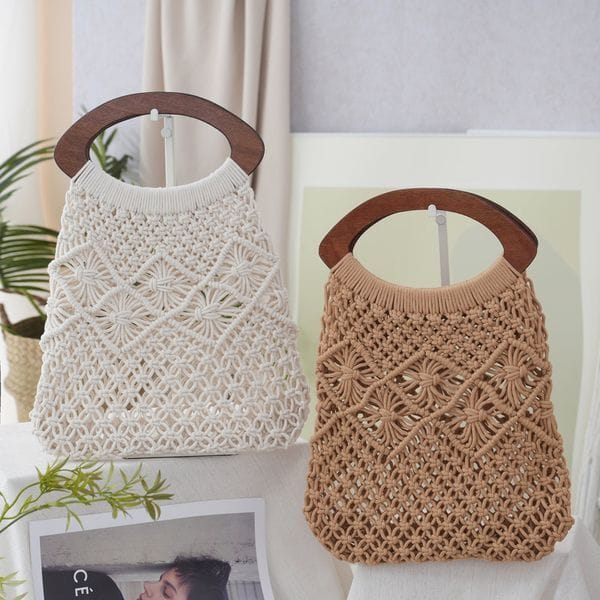 Color: A1 - Hand woven polyester cotton handbag, wooden handle, artistic and fresh style