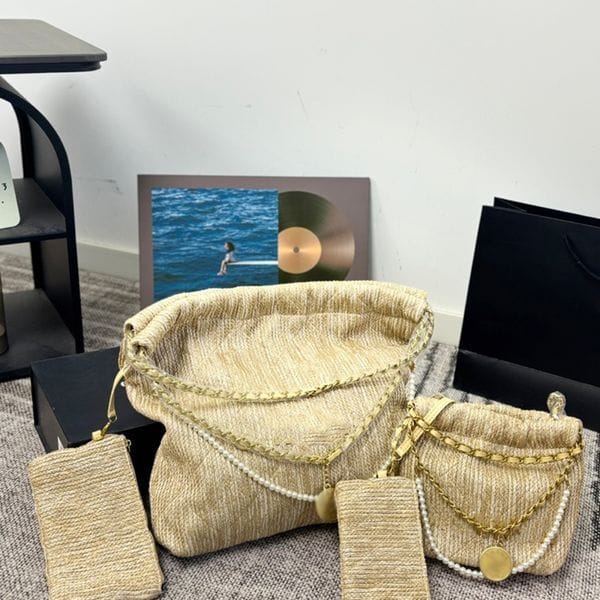 Color: Khaki - Designer Straw-Woven Garbage Bag Ladys Shoulder Bags Pearl Gold Hardware Matelasse Chain Luxury Handbag Crossbody Coin Wallet Shopping Sacoche 18/33cm