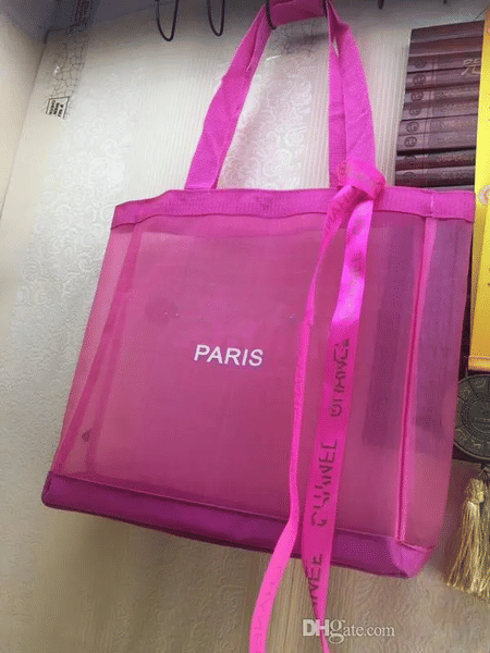 2C Classic pink pouch shopping mesh with ribbon fashion style Travel Bag beach Women Wash case Cosmetic Makeup Storage Case