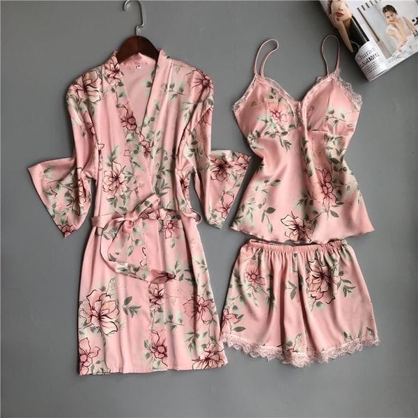Color: Black - Size: XL - Adult: yes - Nighties Women Pajamas Satin Sleepwear Pijama Silk Home Wear Lace Home Robe Chest Pads Sleep Lounge Pyjama pink white 3 Pieces V191213