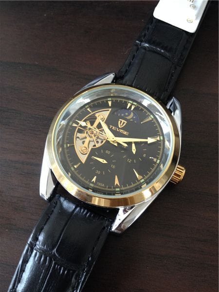 Color: Black - Top sell men watches,TEVISE high quality Skeleton mens-watches Gold Bezel TE33-2 free shipping