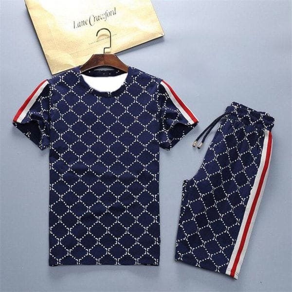 Color: Navy - Size: L - Mens Fashion Tracksuits Summer T Shirts + Shorts Clothing Sets with Letters Casual Streetwear Trend Suits Men Breathable Tees Pants 4 Colors