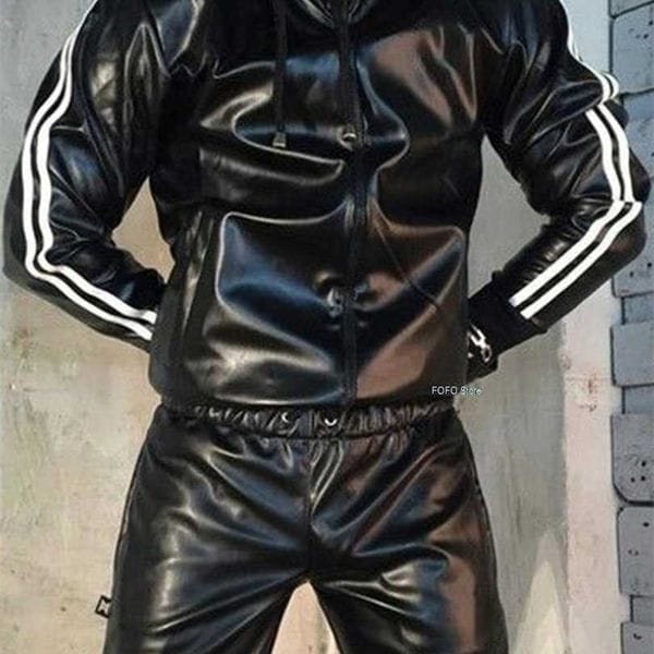 Color: Black - Size: XXXL - Men's PU Leather Gloss Wetlook Jacke Jacket Hoodie Jogging Suit Sportswear 211220