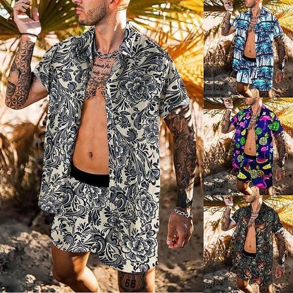 Color: 1 - Size: S - Men's Tracksuits 2022 Summer Men Shorts Sets Streetwear Printing Short Sleeve Beach Male Shirt Hawaiian Button Casual Tracksuit Two Piece Ou