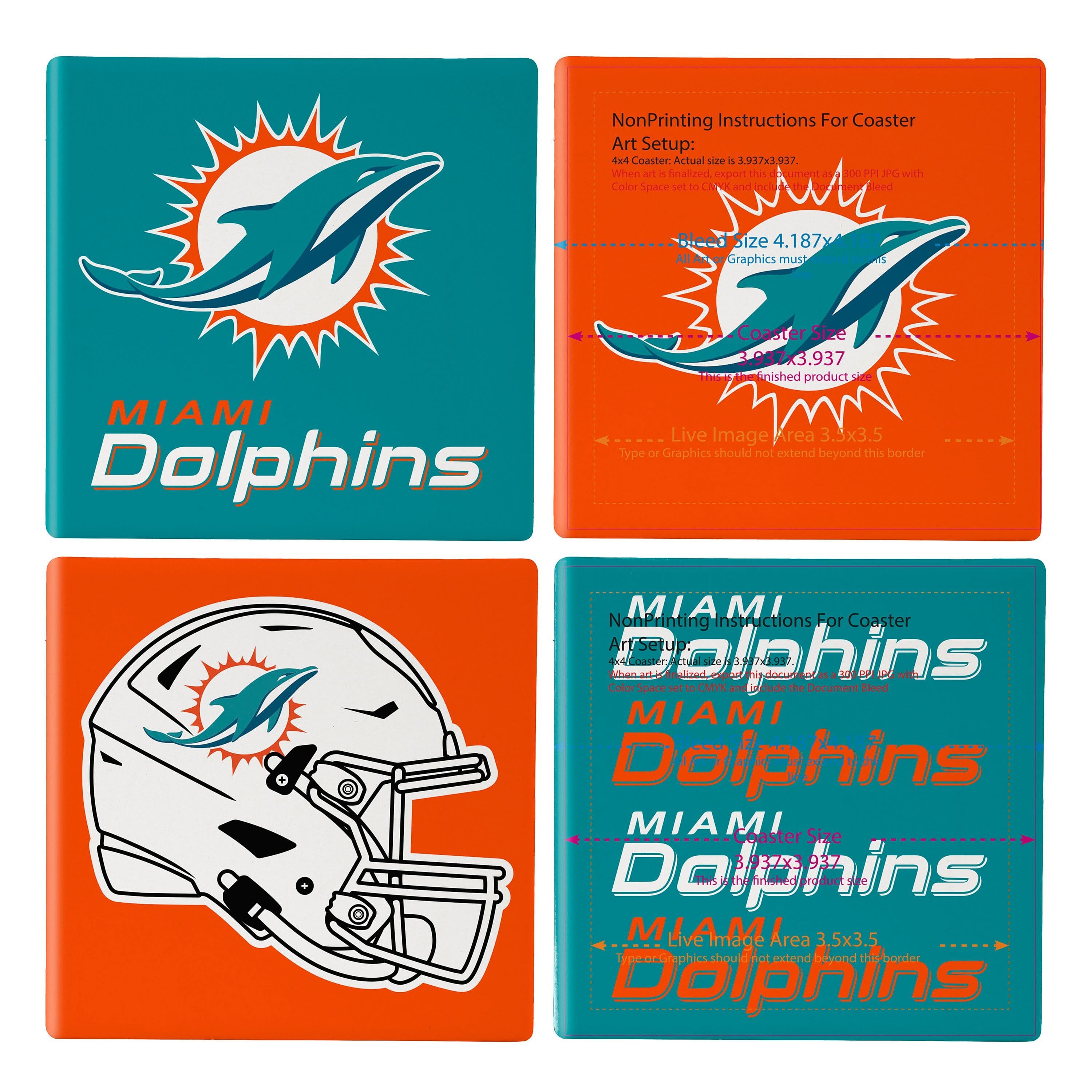Miami Dolphins Coaster Set 4 Piece with Wood Caddy