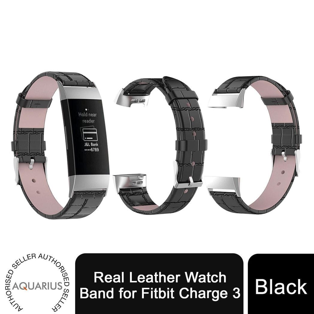 Real Leather Watch Band Fitbit Charge 3 Black