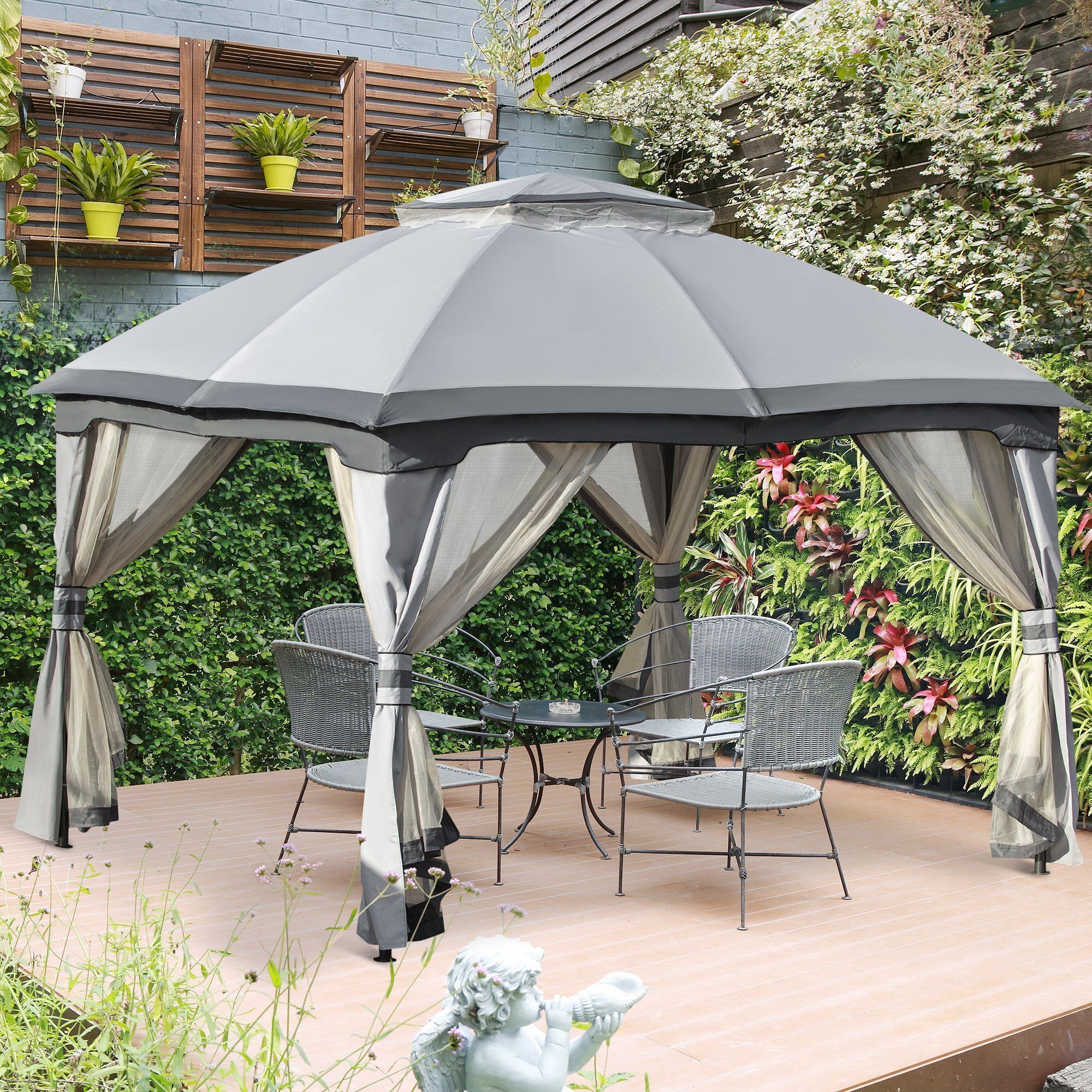 4x3m Metal Gazebo Canopy & Netting Sidewalls & Double Tiered